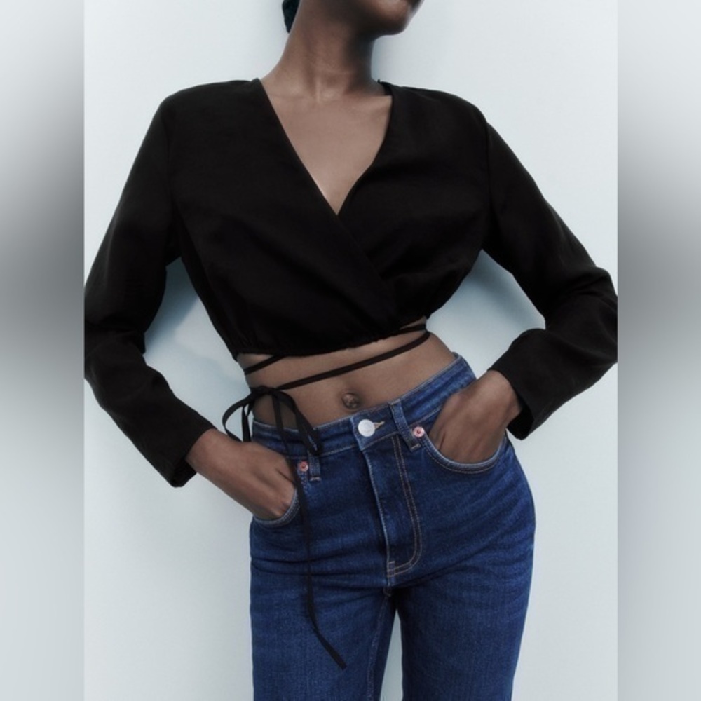 Zara v neck wrap shirt long sleeve balloon sleeves tie black .